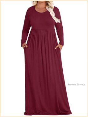 Women's Plus Size Long Sleeve Maxi Dress with Pockets